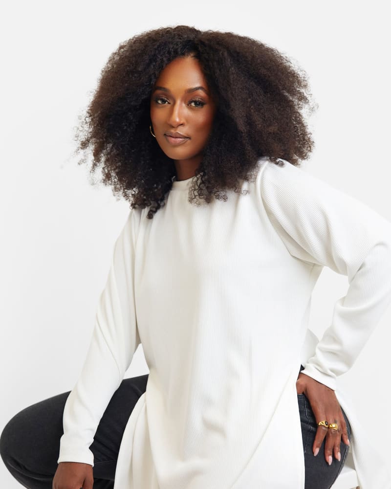 Side of a model wearing a size 3X Hope Ribbed Oversized Double Split Sweater - White in White by Rebdolls. | dia_product_style_image_id:321585